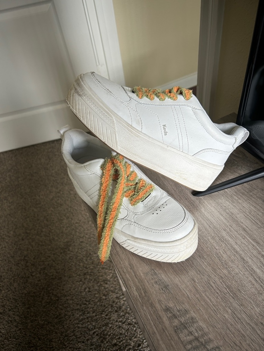 Keds White Platform Sneakers with Orange and Green Knit Laces
